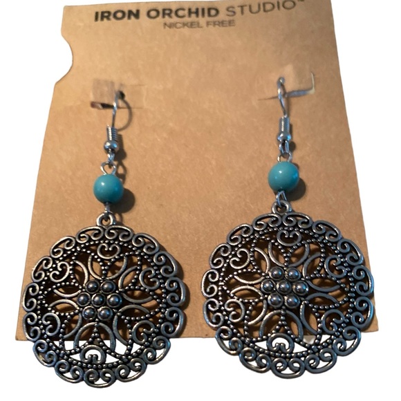 IRON ORCHARD STUDIO SILVER MEDALLION BOHO DANGLY EARRINGS FISH HOOK WIRES NWT - Picture 1 of 4